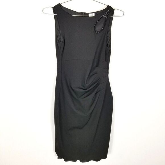 Cache Dress Womens 6 Black LBD Ruched Sleeveless Cutout Front Bodycon Midi - Picture 1 of 5